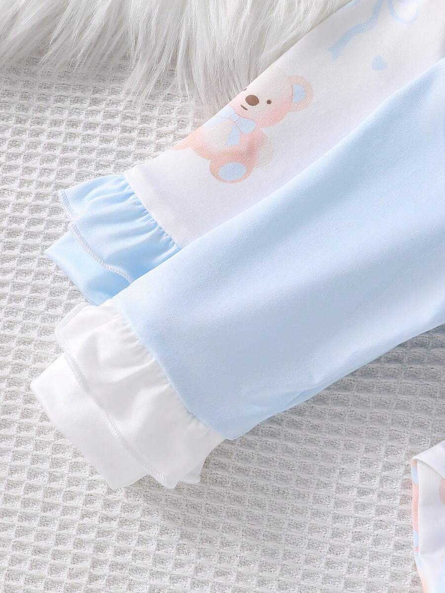 4PCS Newborn Bear & Bow Print Romper Set with Hat & Mittens