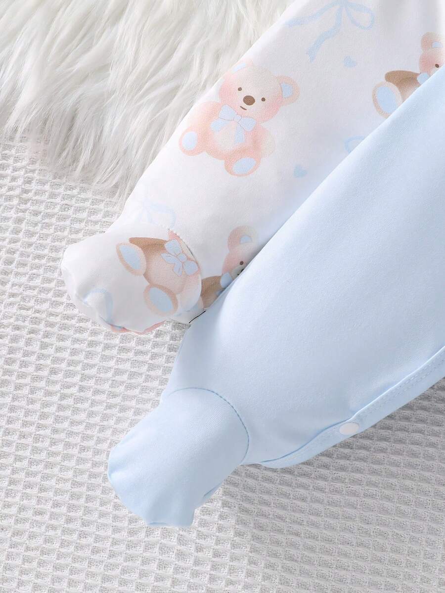 4PCS Newborn Bear & Bow Print Romper Set with Hat & Mittens