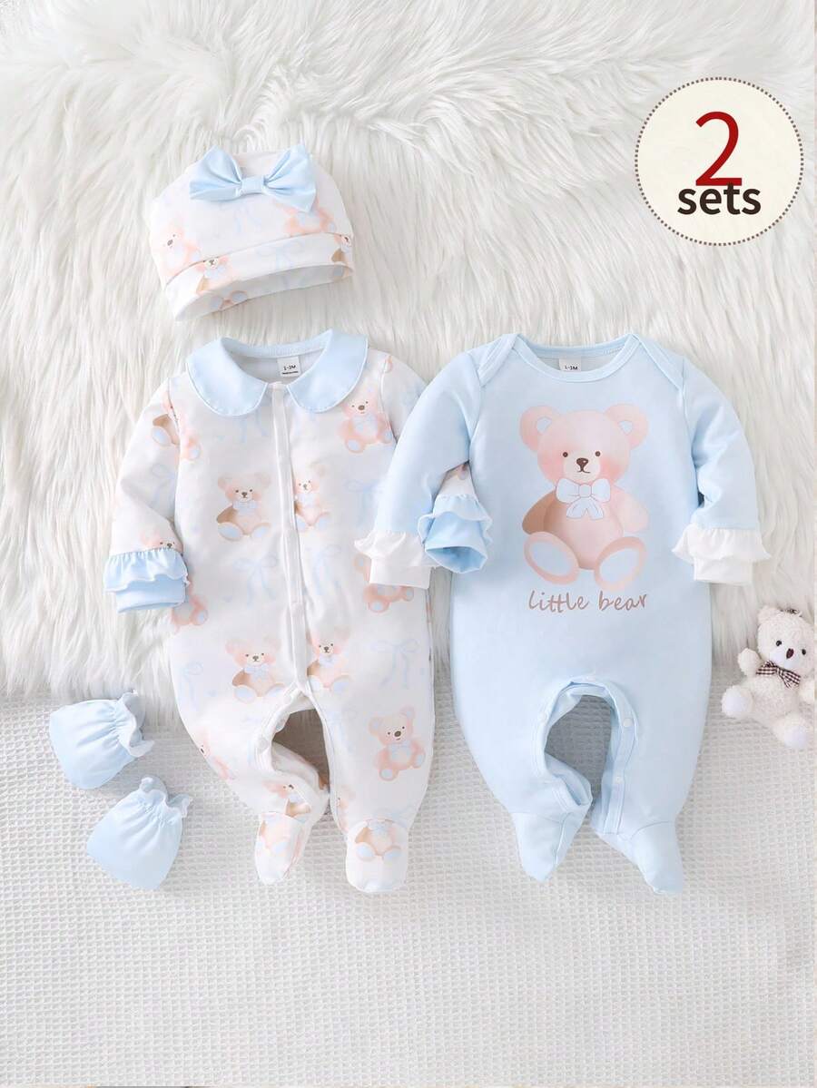 4PCS Newborn Bear & Bow Print Romper Set with Hat & Mittens