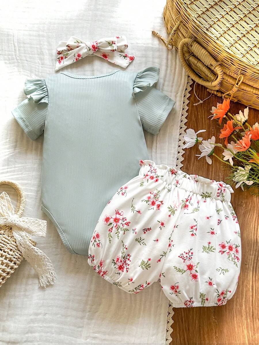 Cute Kids 3-Piece Casual Outfit Set For Toddlers – Embroidery Bodysuit, Soft Pants & Matching Bow Headband