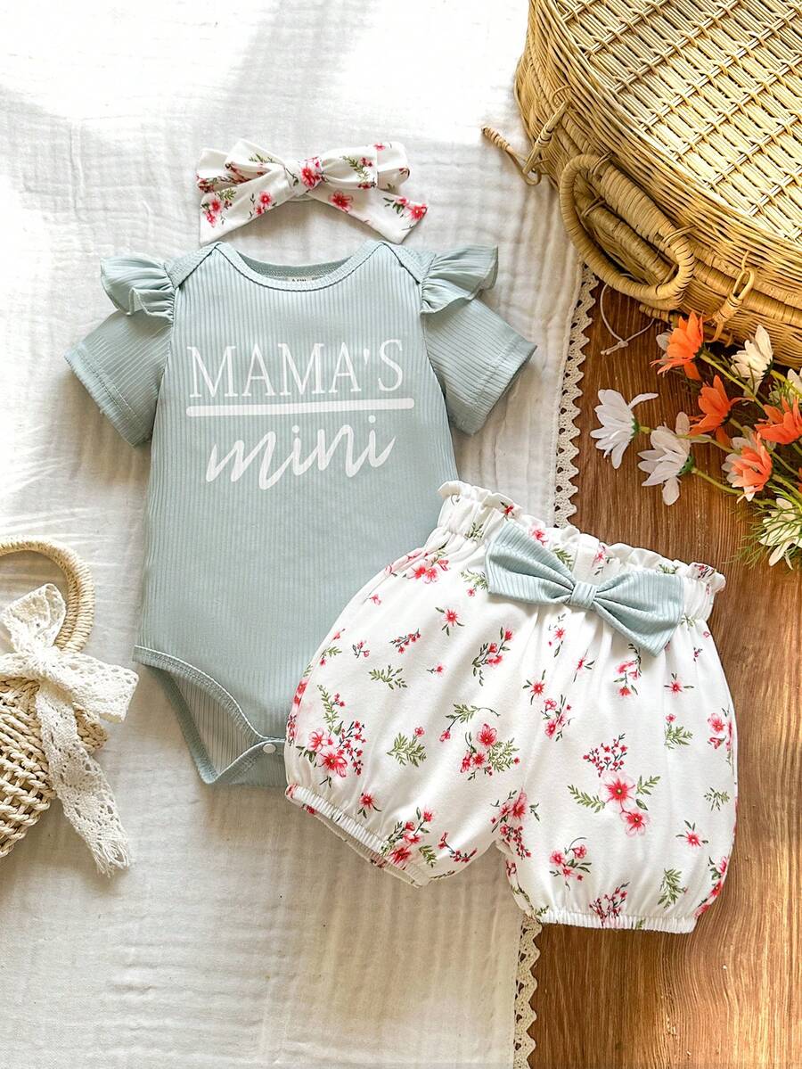 Cute Kids 3-Piece Casual Outfit Set For Toddlers – Embroidery Bodysuit, Soft Pants & Matching Bow Headband