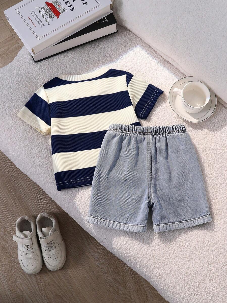 Baby Boy Black and White Striped T Shirt and Denim Shorts 2 Piece Casual Spring Summer Outfit Set