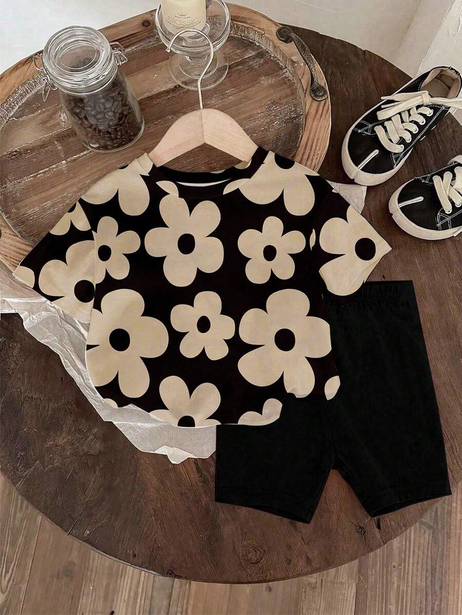 Lemon Fruit & Letter Print Short Sleeve Top and Shorts Set for Baby Girls