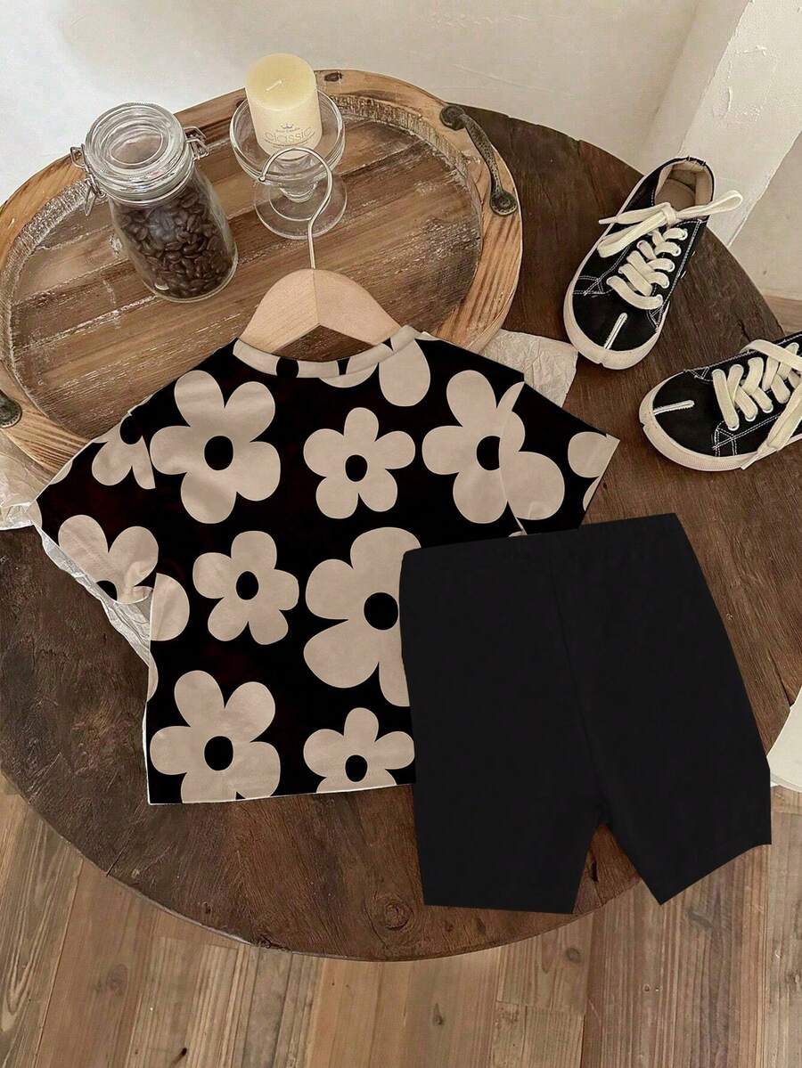 Lemon Fruit & Letter Print Short Sleeve Top and Shorts Set for Baby Girls