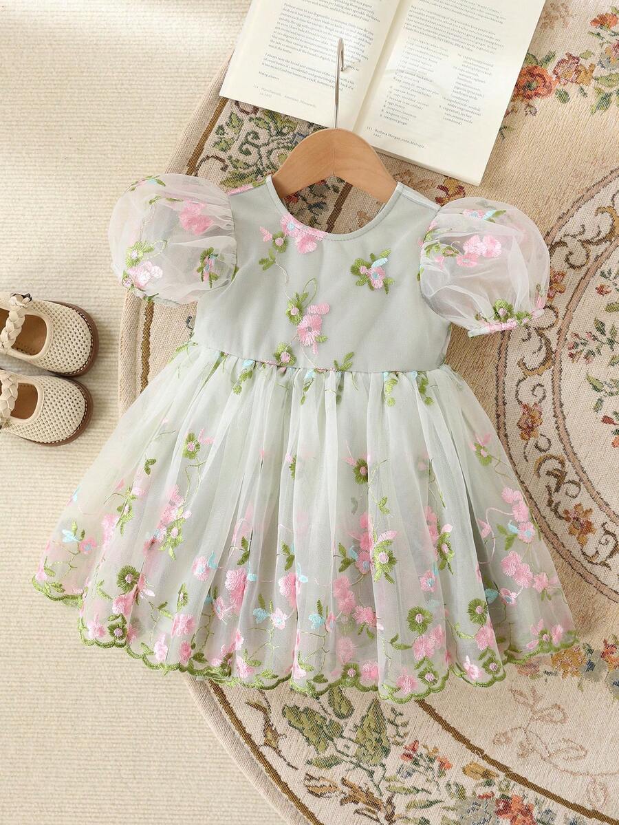 Pink Floral Mesh Embroidered Short Sleeve Dress for Baby Girls