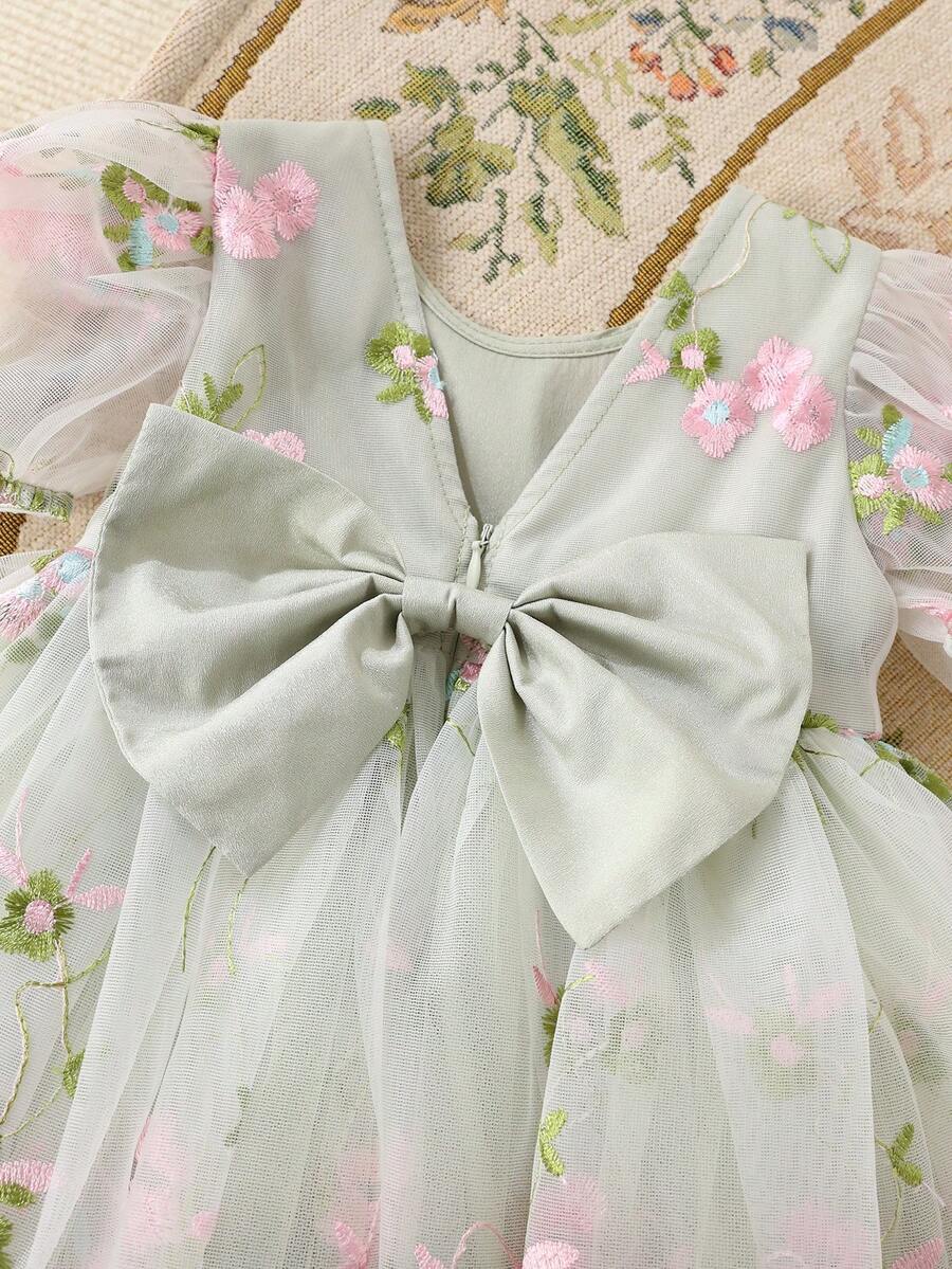 Pink Floral Mesh Embroidered Short Sleeve Dress for Baby Girls