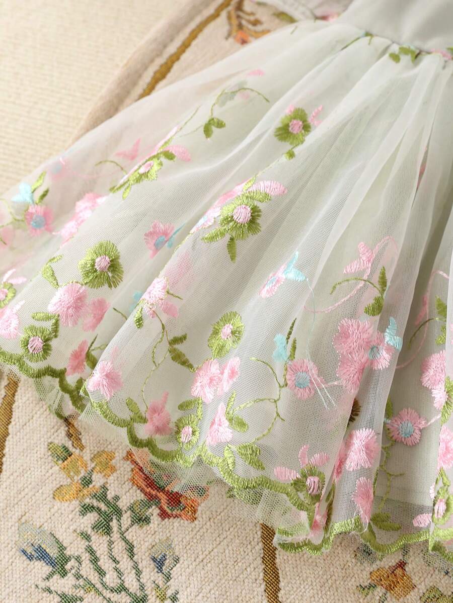 Pink Floral Mesh Embroidered Short Sleeve Dress for Baby Girls
