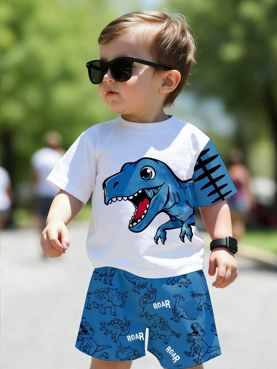 Baby Boy Blue Dinosaur Print T Shirt and Matching Shorts Summer Outfit Set