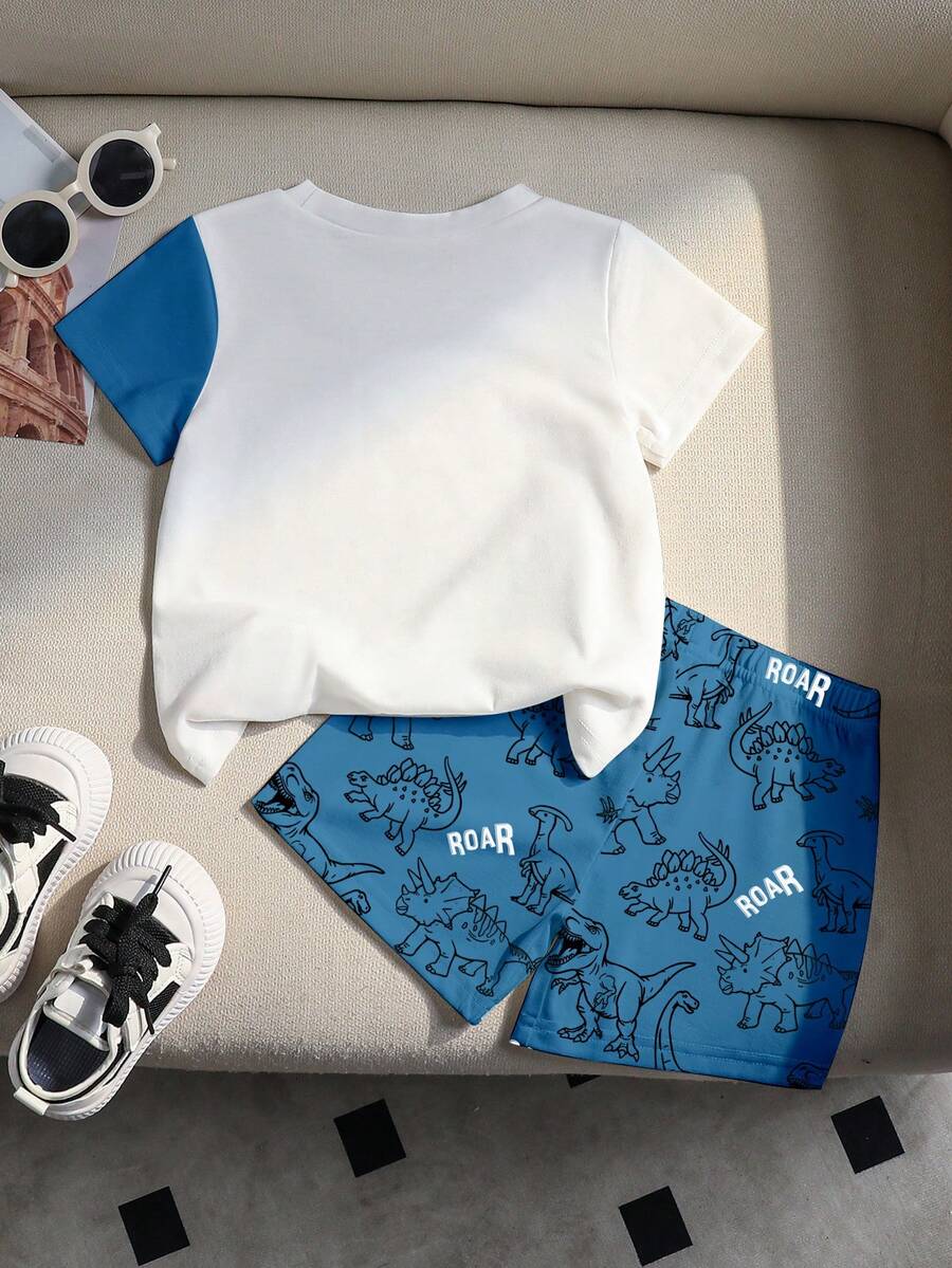 Baby Boy Blue Dinosaur Print T Shirt and Matching Shorts Summer Outfit Set