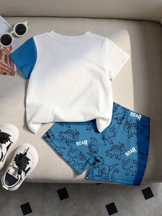 Baby Boy Blue Dinosaur Print T Shirt and Matching Shorts Summer Outfit Set