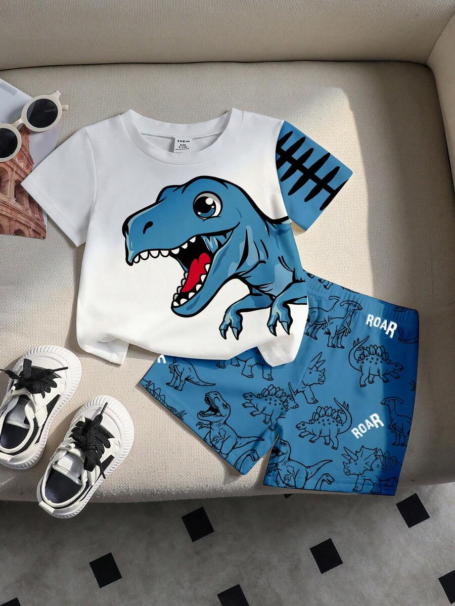 Baby Boy Blue Dinosaur Print T Shirt and Matching Shorts Summer Outfit Set