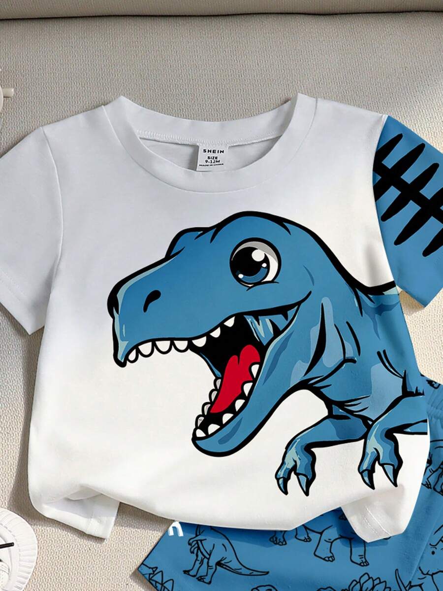 Baby Boy Blue Dinosaur Print T Shirt and Matching Shorts Summer Outfit Set
