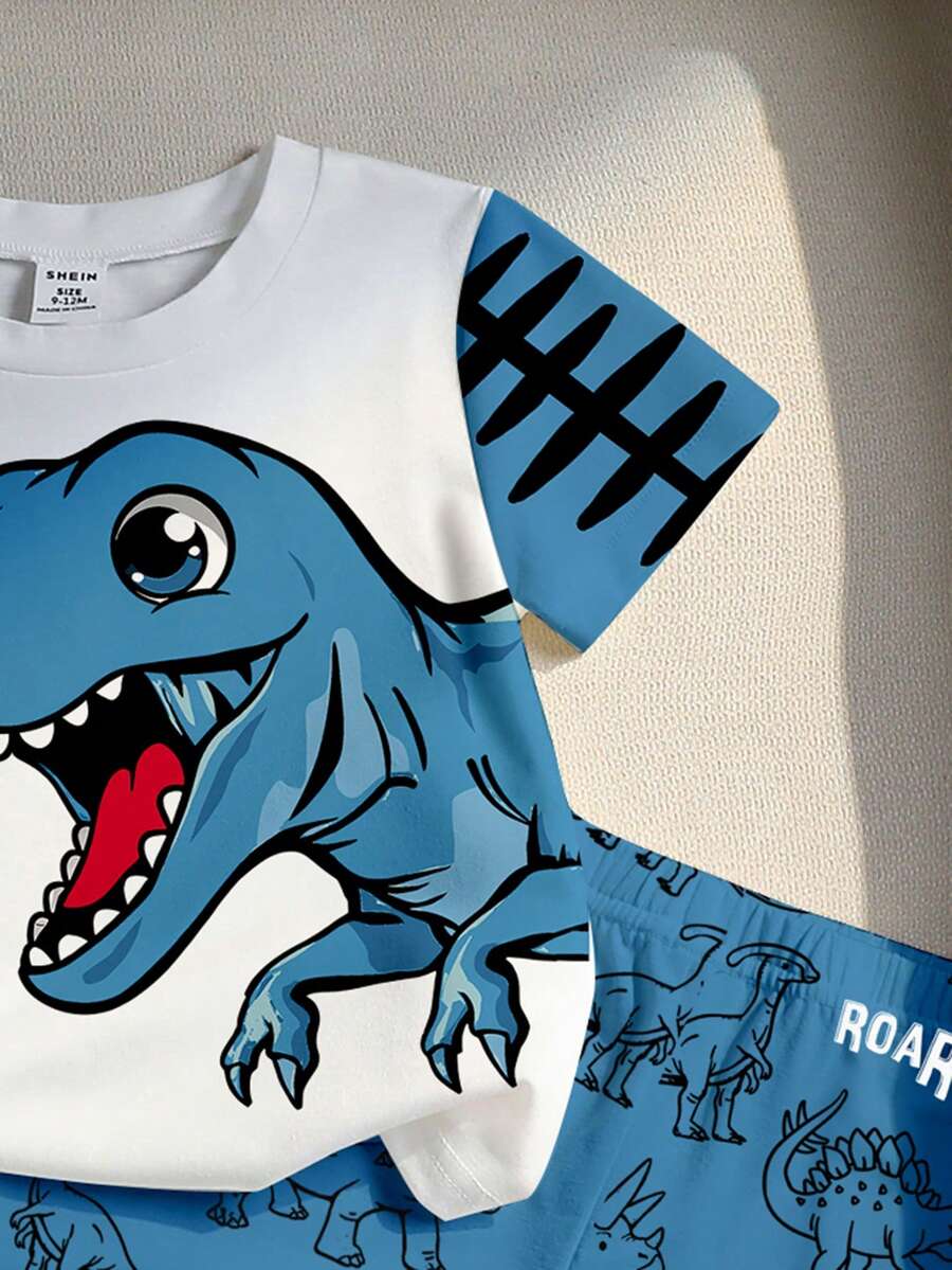Baby Boy Blue Dinosaur Print T Shirt and Matching Shorts Summer Outfit Set