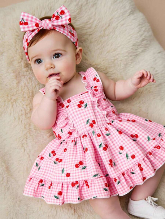 2PCS Baby Strawberry Plaid Dress and Bow Headband Set for Cute Spring and Summer Outings