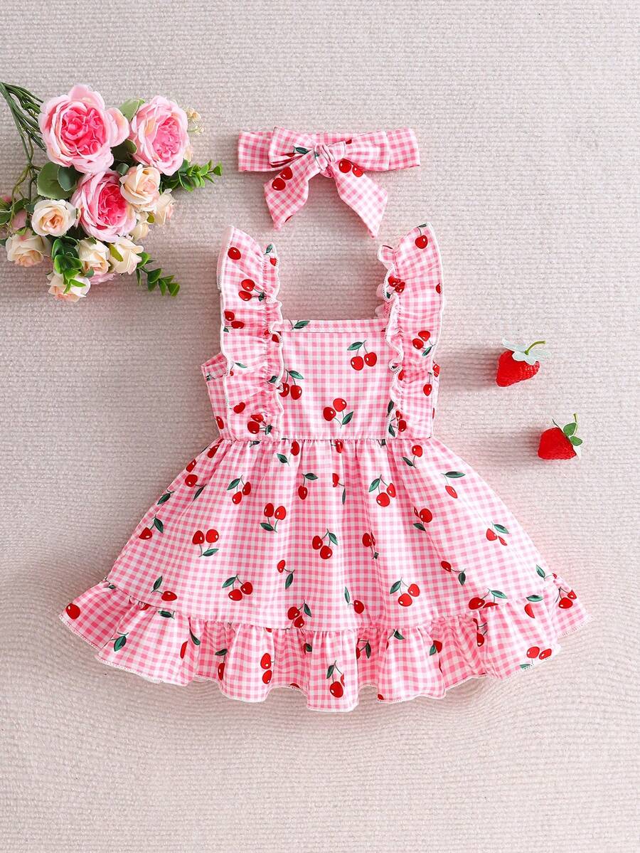 2PCS Baby Strawberry Plaid Dress and Bow Headband Set for Cute Spring and Summer Outings