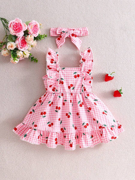 2PCS Baby Strawberry Plaid Dress and Bow Headband Set for Cute Spring and Summer Outings