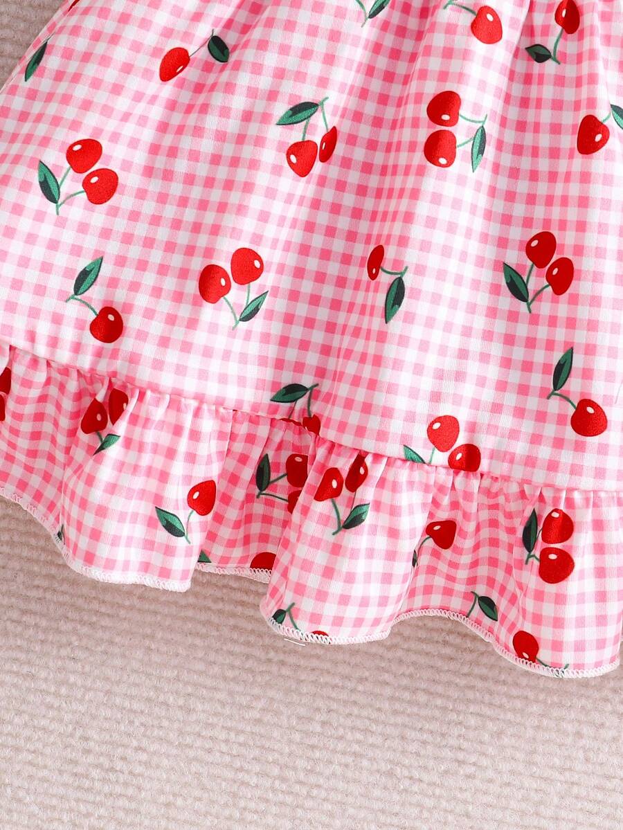 2PCS Baby Strawberry Plaid Dress and Bow Headband Set for Cute Spring and Summer Outings