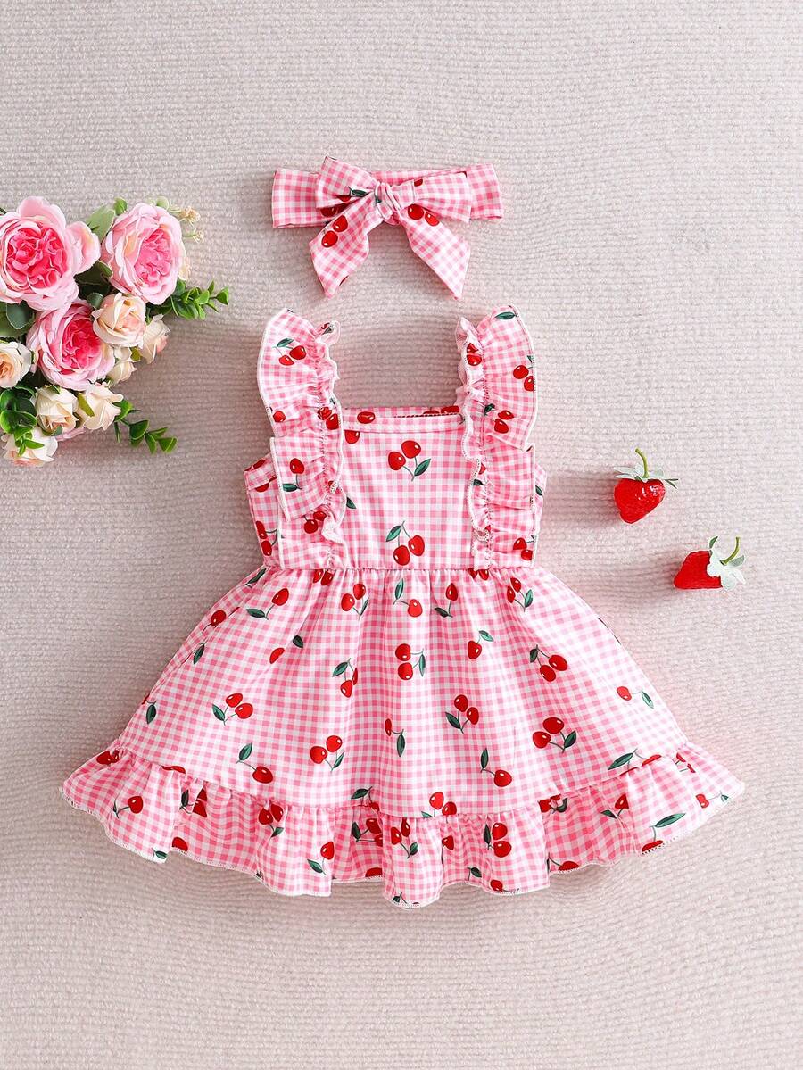 2PCS Baby Strawberry Plaid Dress and Bow Headband Set for Cute Spring and Summer Outings