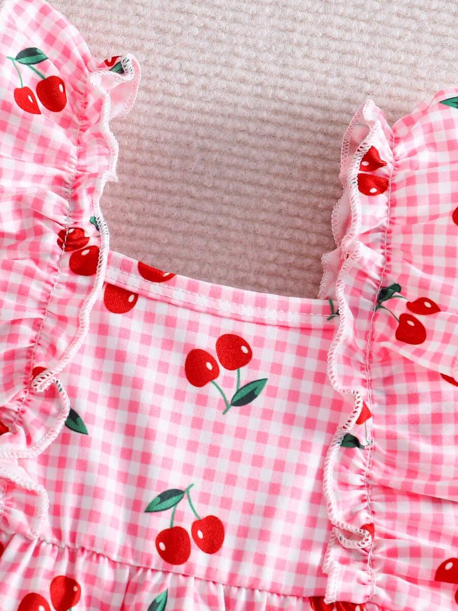 2PCS Baby Strawberry Plaid Dress and Bow Headband Set for Cute Spring and Summer Outings
