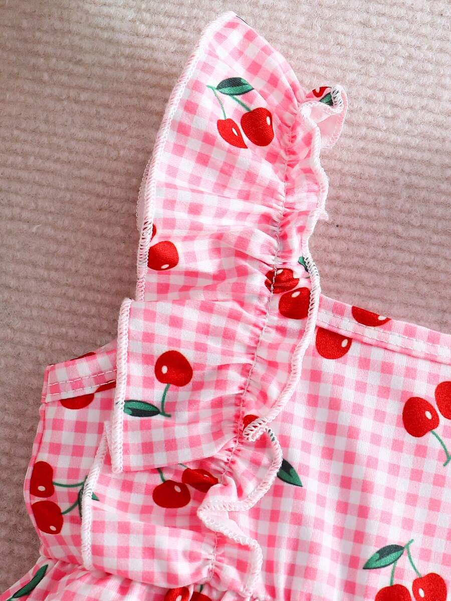 2PCS Baby Strawberry Plaid Dress and Bow Headband Set for Cute Spring and Summer Outings