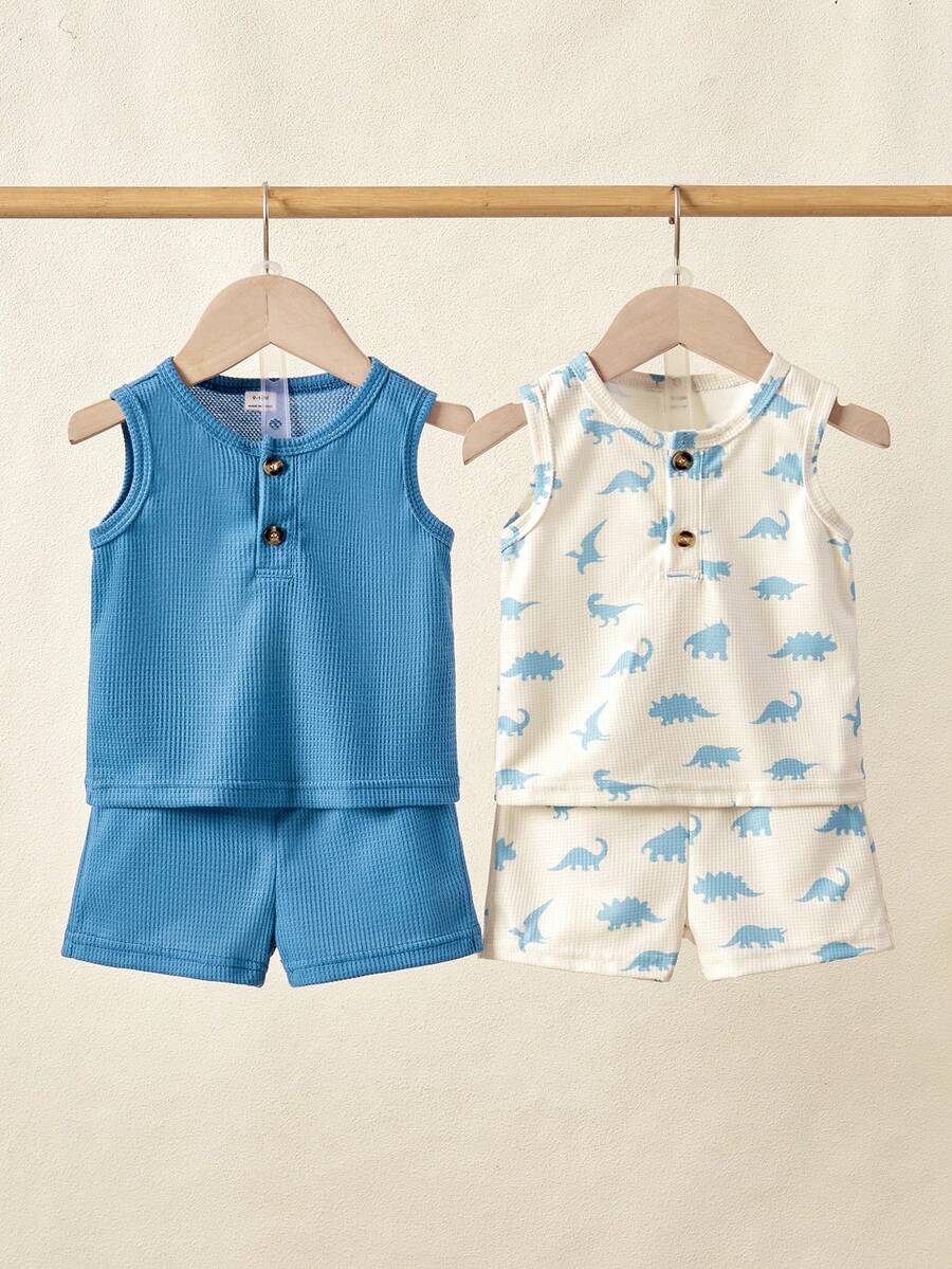 Cute Dinosaur Print Summer Set with Faux Pocket Detail for Baby Boys