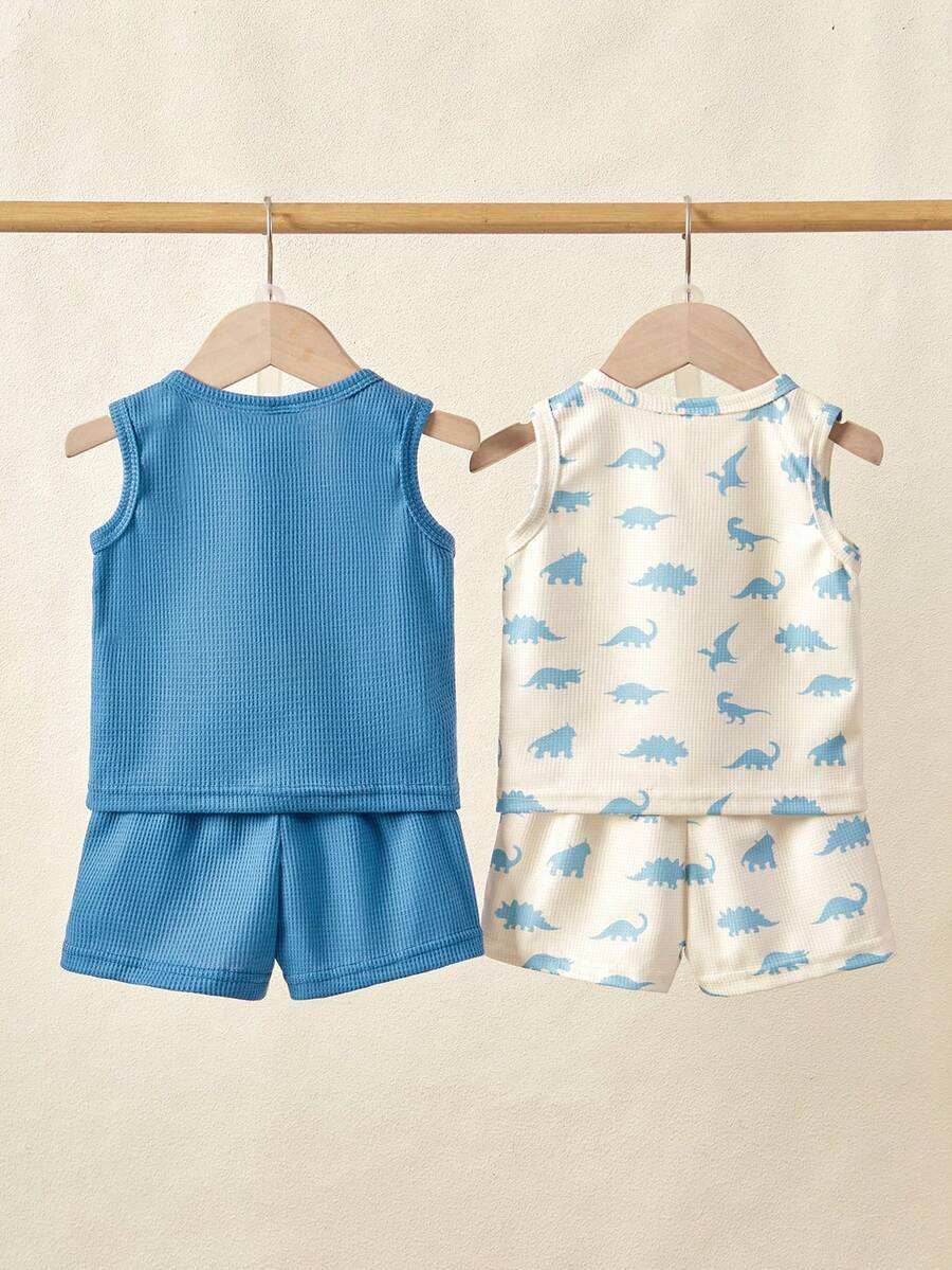 Cute Dinosaur Print Summer Set with Faux Pocket Detail for Baby Boys