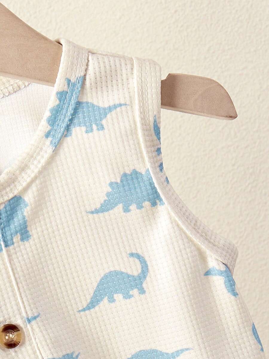 Cute Dinosaur Print Summer Set with Faux Pocket Detail for Baby Boys