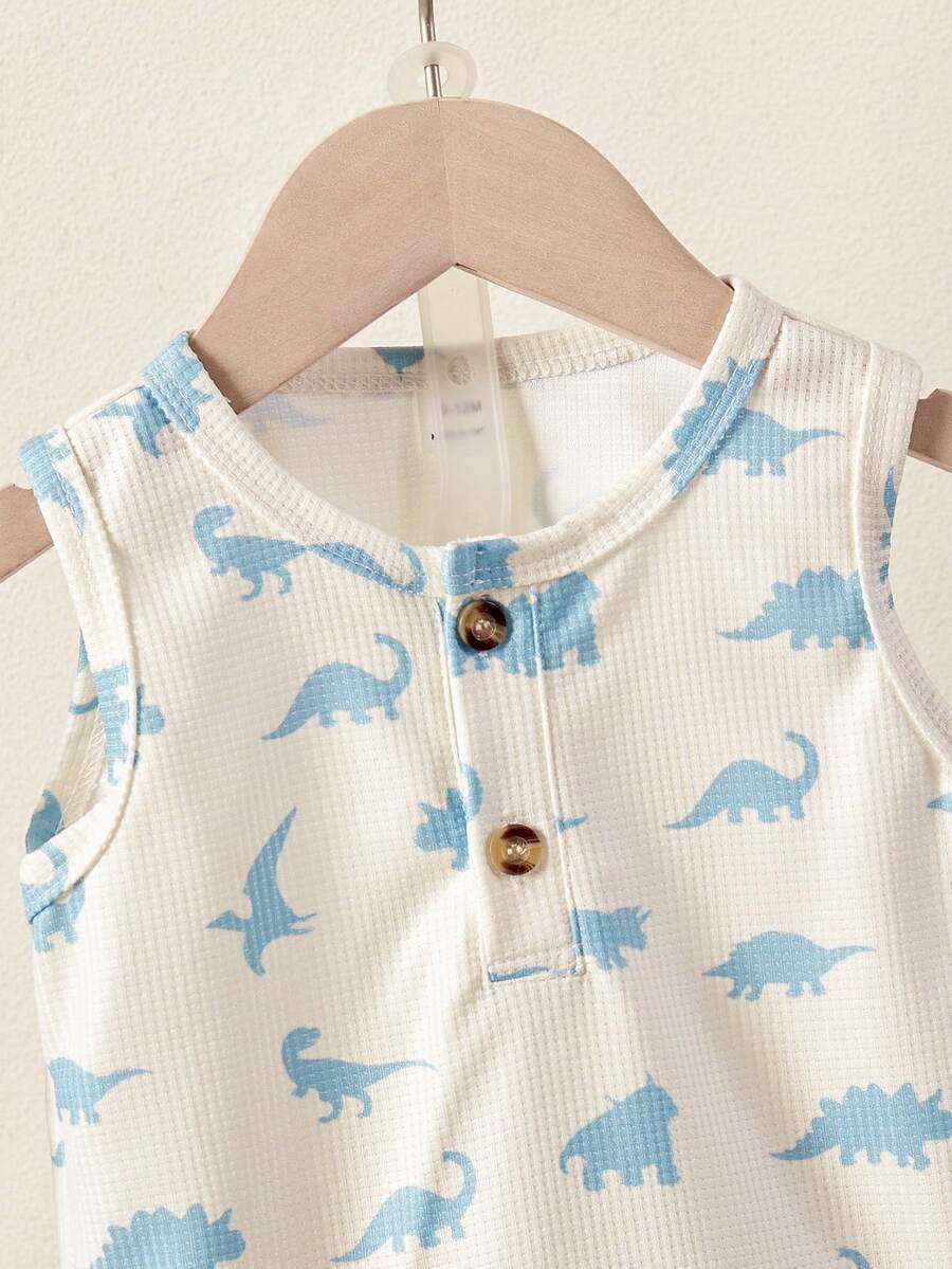 Cute Dinosaur Print Summer Set with Faux Pocket Detail for Baby Boys