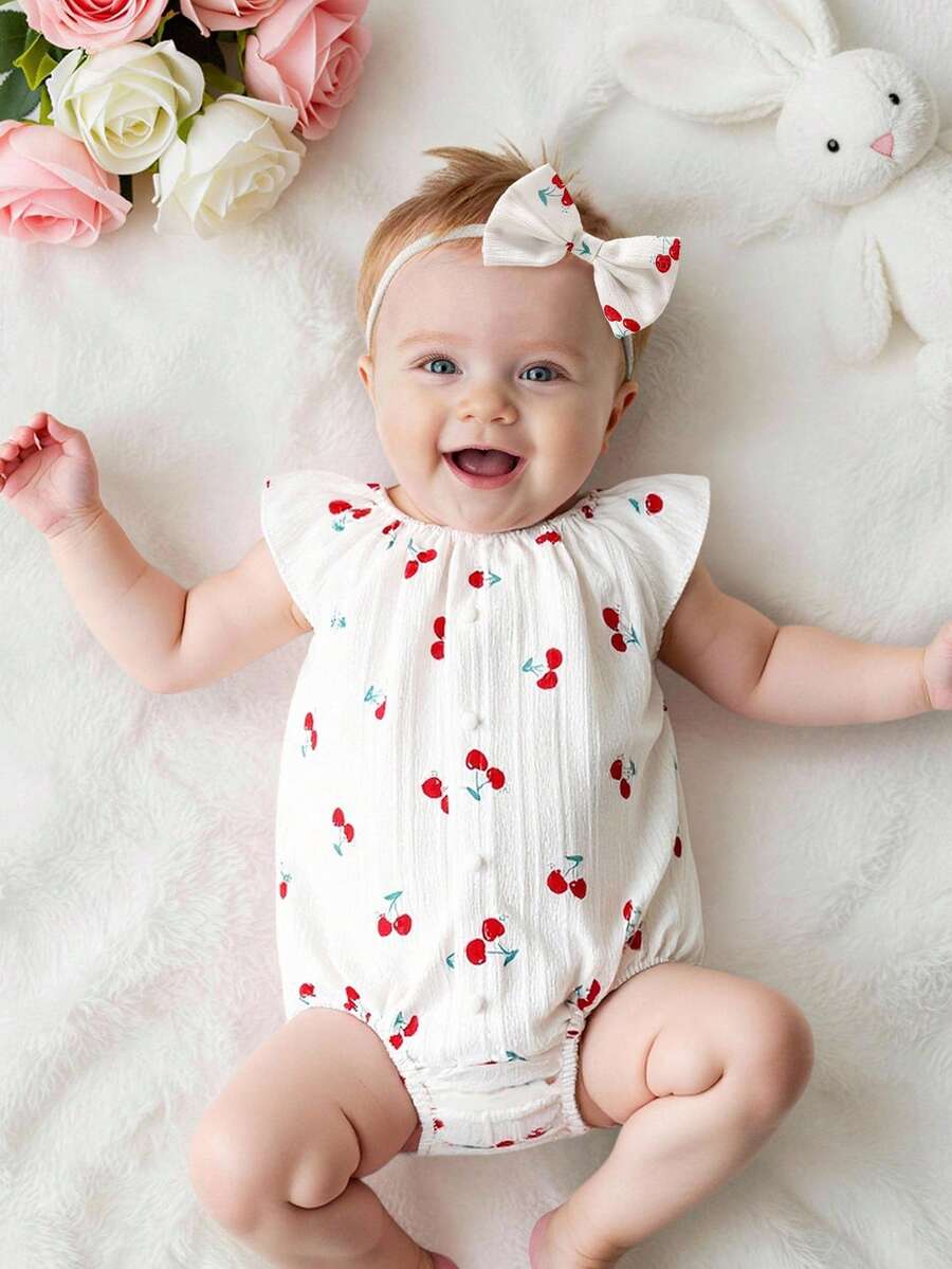 Lemon Print Ruffle Trim Bodysuit and Headband Set for Cute Summer Daily Wear