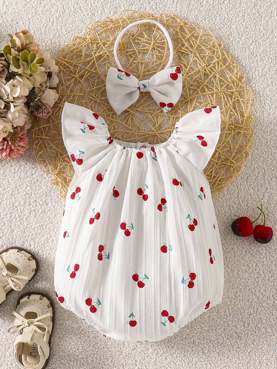 Lemon Print Ruffle Trim Bodysuit and Headband Set for Cute Summer Daily Wear