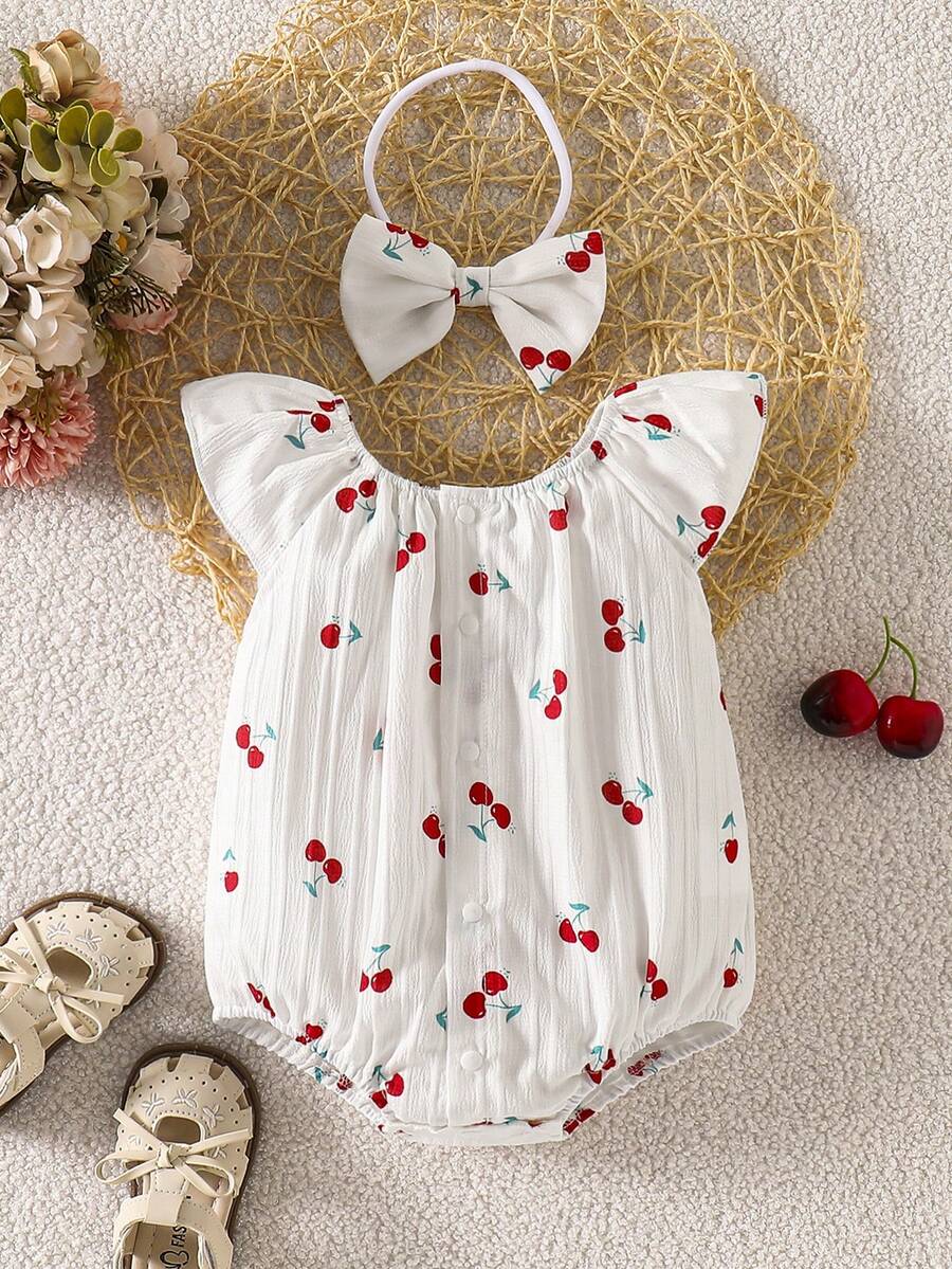 Baby Floral and Grass Print Ruffle Sleeve Romper with Headband for Summer Outings
