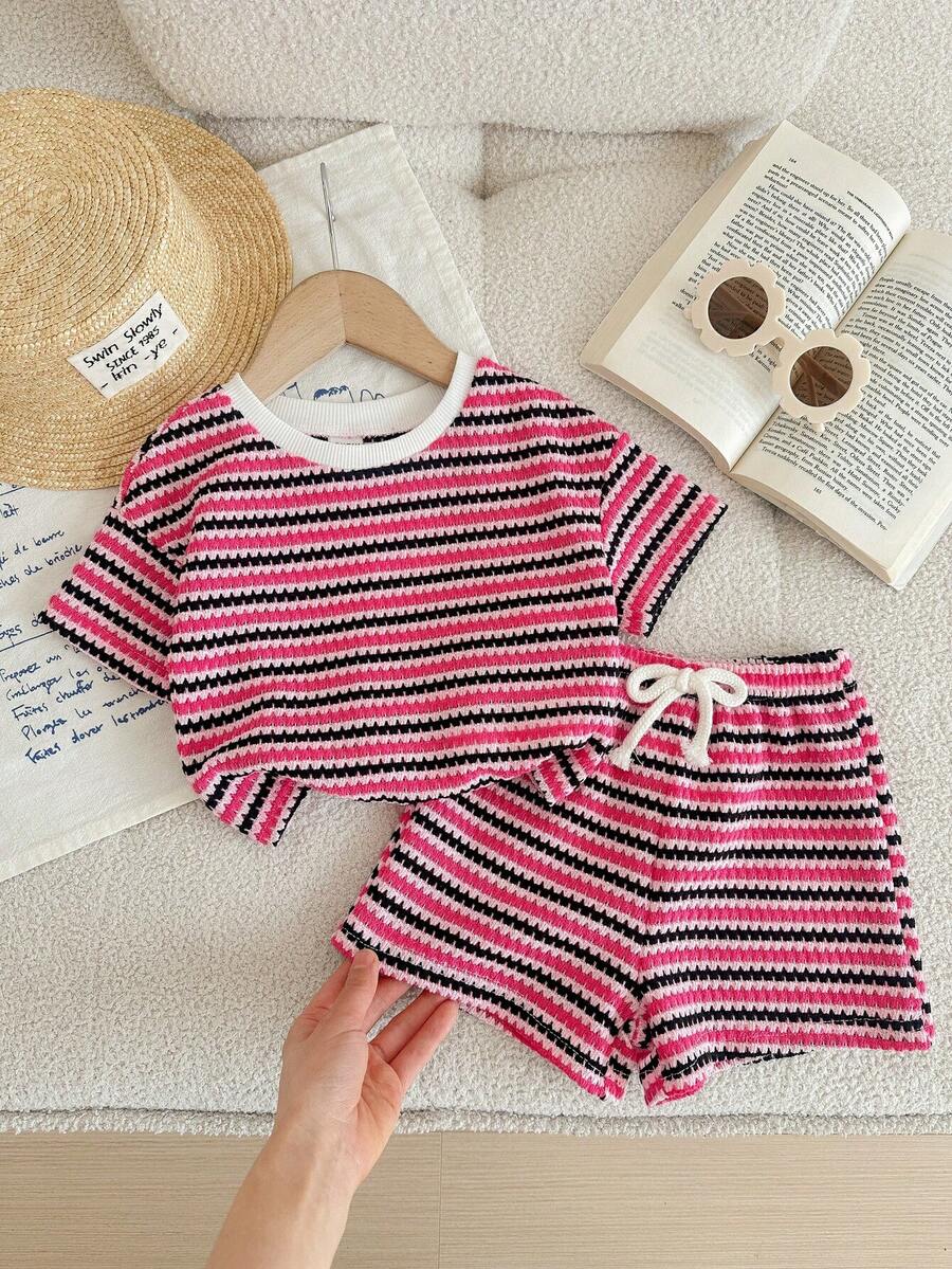 Rainbow Top And Elastic Waist Shorts Set For Toddler Girls Casual Wear
