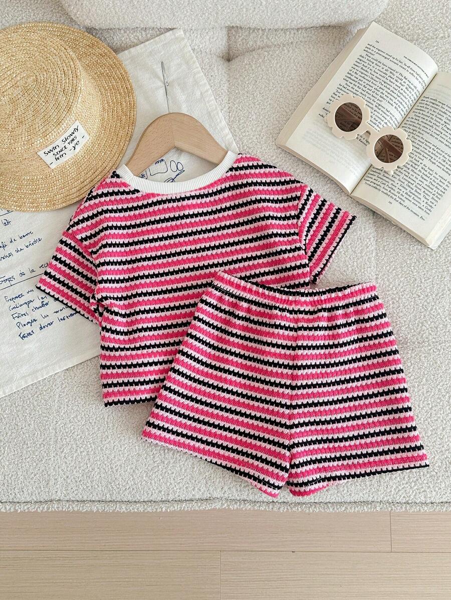 Rainbow Top And Elastic Waist Shorts Set For Toddler Girls Casual Wear