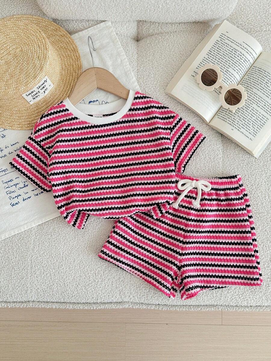 Rainbow Top And Elastic Waist Shorts Set For Toddler Girls Casual Wear