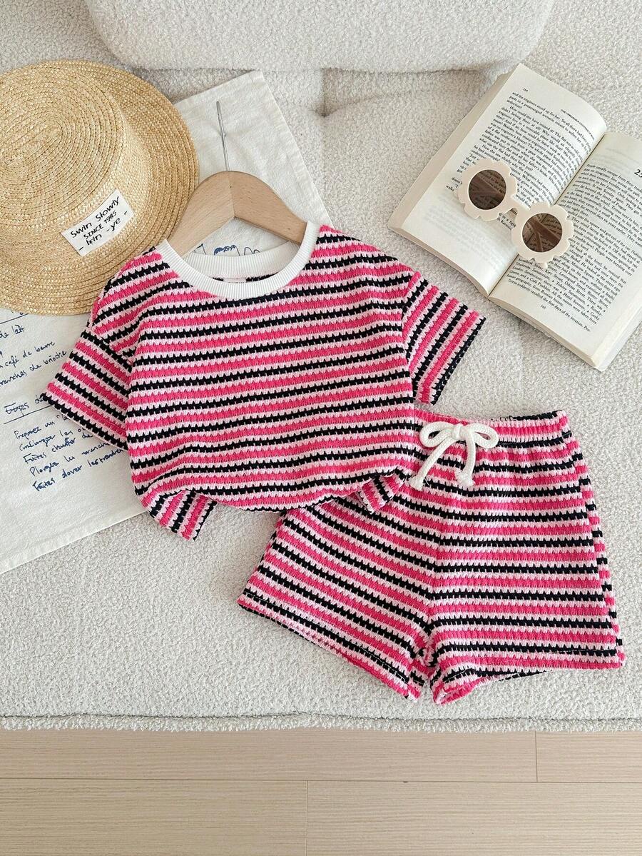 Rainbow Top And Elastic Waist Shorts Set For Toddler Girls Casual Wear