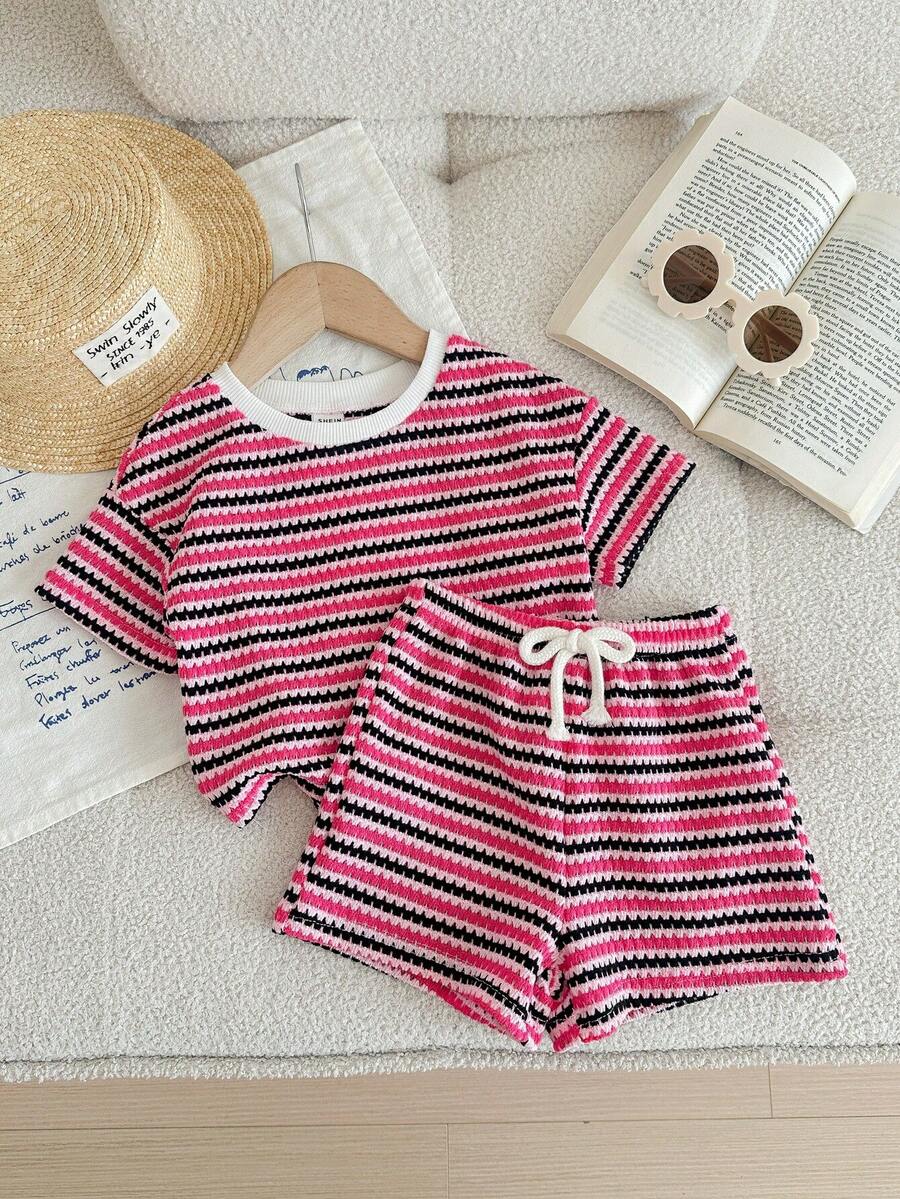 Rainbow Top And Elastic Waist Shorts Set For Toddler Girls Casual Wear