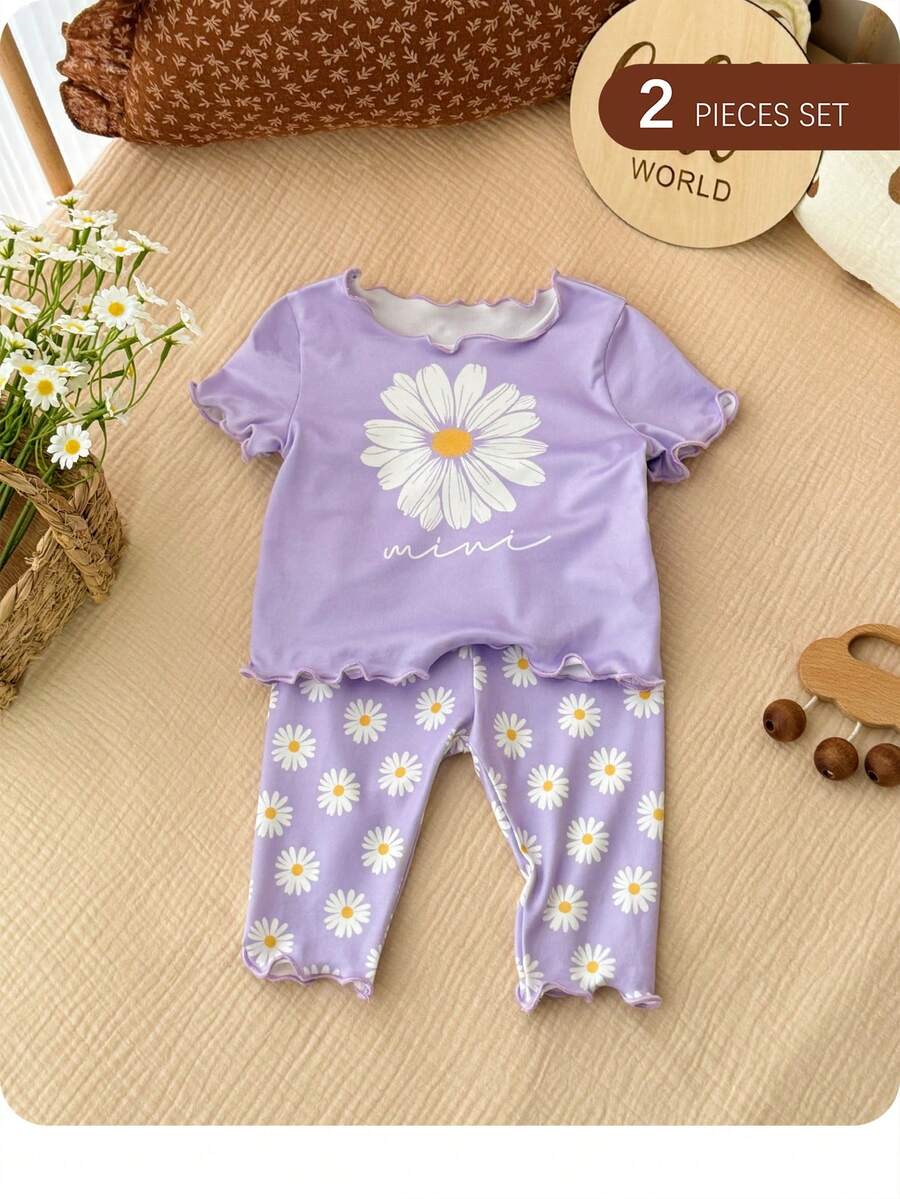2PCS Baby Daisy Print T-Shirt and Shorts Set for Summer Daily Wear