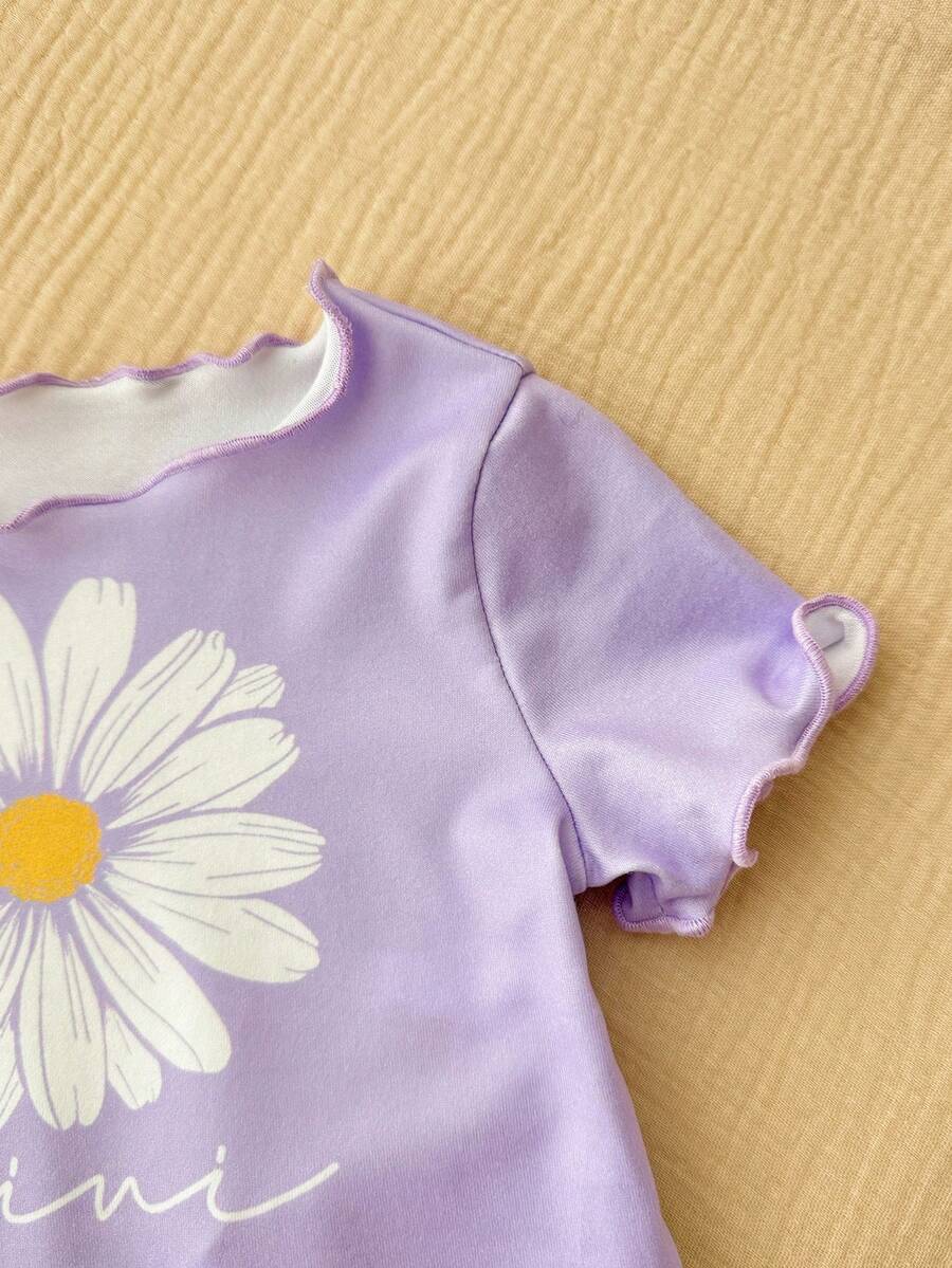 2PCS Baby Daisy Print T-Shirt and Shorts Set for Summer Daily Wear