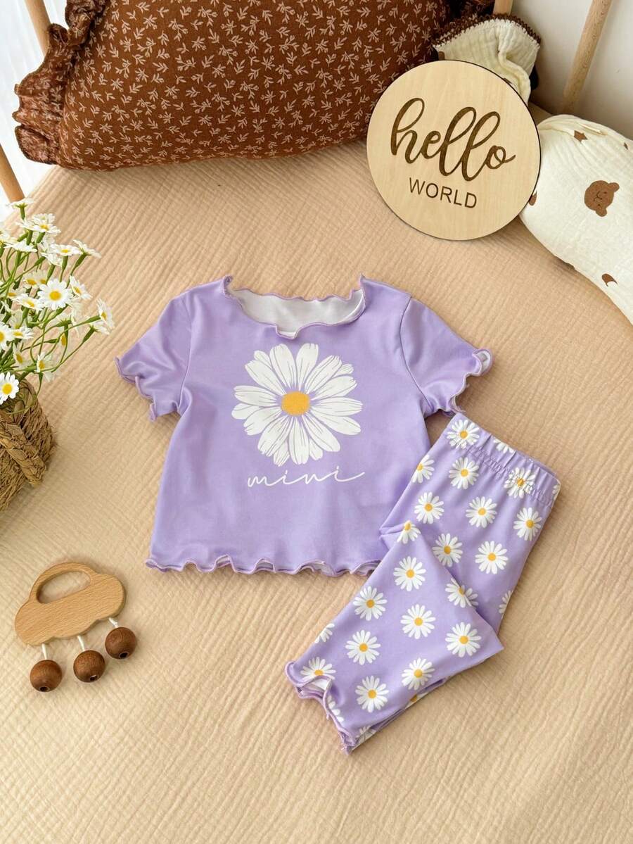 2PCS Baby Daisy Print T-Shirt and Shorts Set for Summer Daily Wear