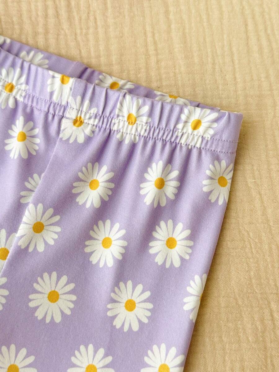 2PCS Baby Daisy Print T-Shirt and Shorts Set for Summer Daily Wear
