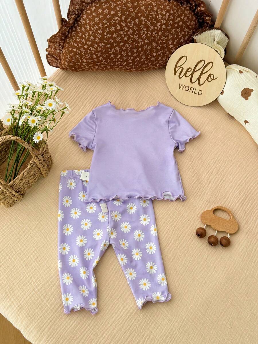 2PCS Baby Daisy Print T-Shirt and Shorts Set for Summer Daily Wear