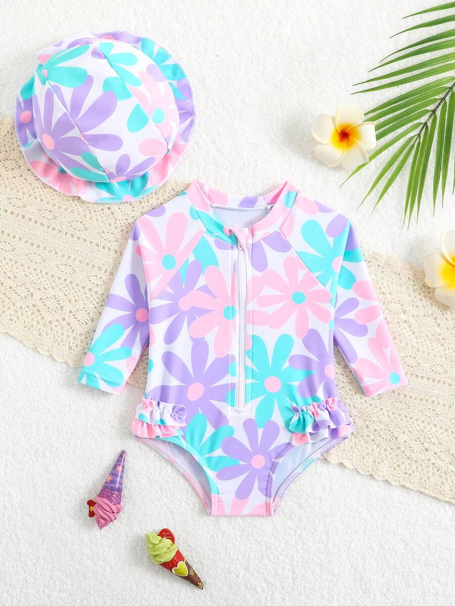 Baby Bow Print Long Sleeve One-Piece Swimsuit Set with Matching Swim Cap