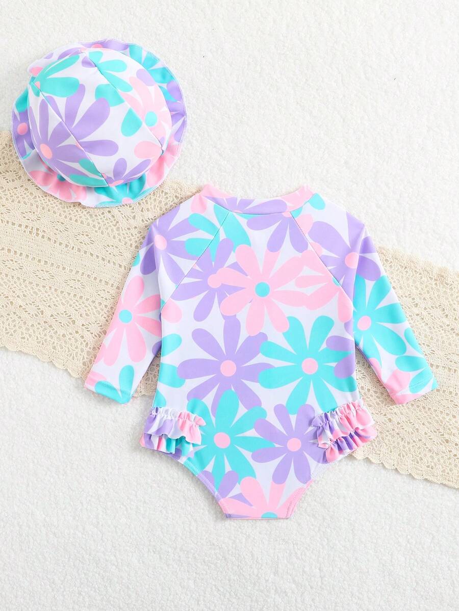 Baby Bow Print Long Sleeve One-Piece Swimsuit Set with Matching Swim Cap