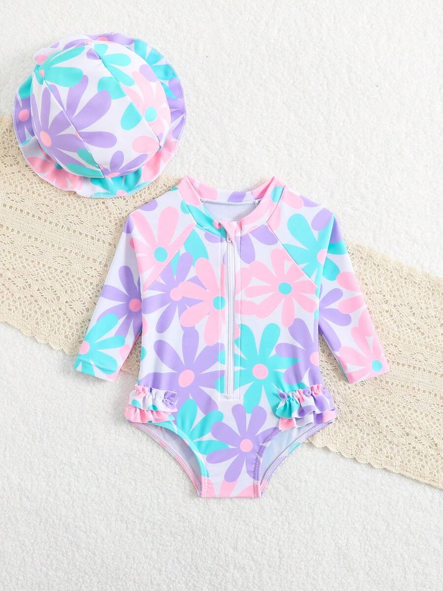 Baby Bow Print Long Sleeve One-Piece Swimsuit Set with Matching Swim Cap