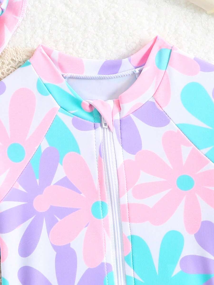 Baby Bow Print Long Sleeve One-Piece Swimsuit Set with Matching Swim Cap