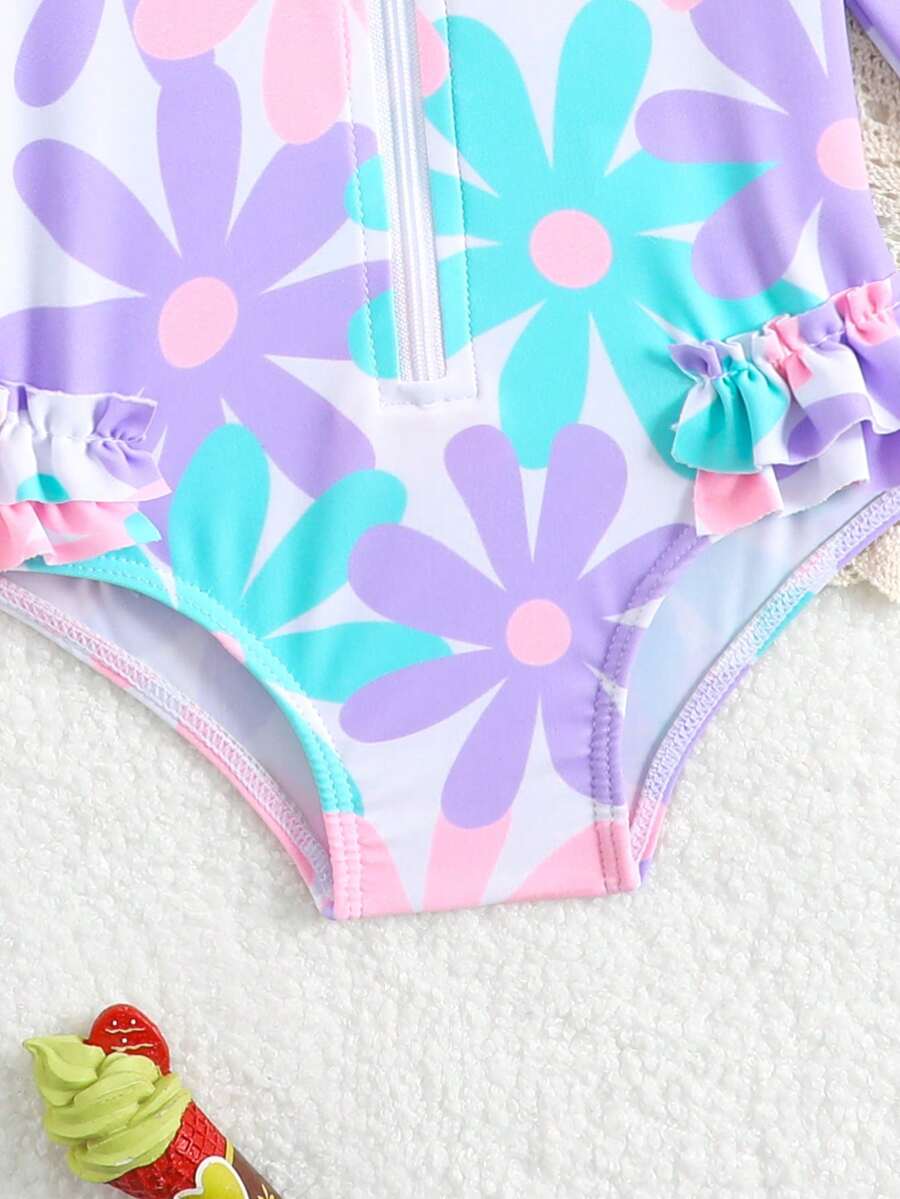 Baby Bow Print Long Sleeve One-Piece Swimsuit Set with Matching Swim Cap