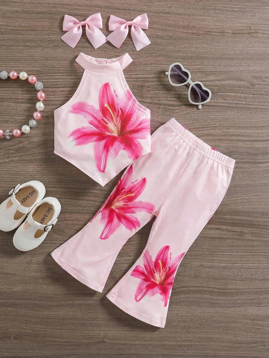 Tropical Vacation Sleeveless Top and Flared Pants 2-Piece Set for Toddler Girls