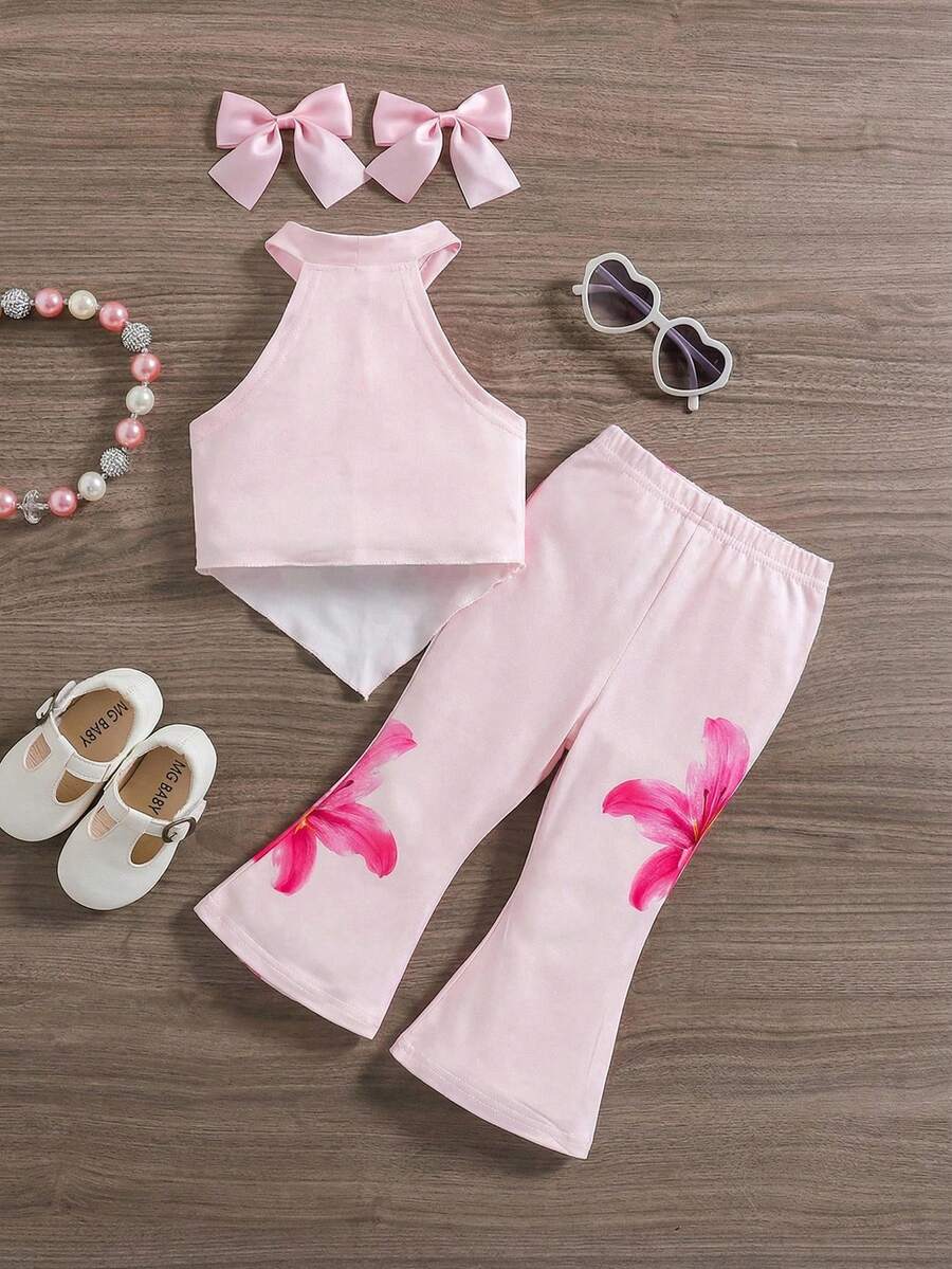 Tropical Vacation Sleeveless Top and Flared Pants 2-Piece Set for Toddler Girls