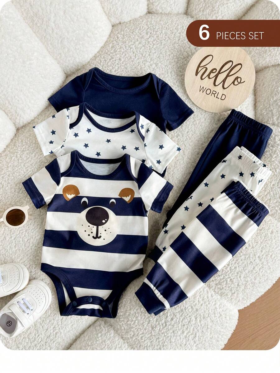 6pcs Baby Romper and Pants Set with Colorblock Stripes and Star Pattern for Spring and Summer