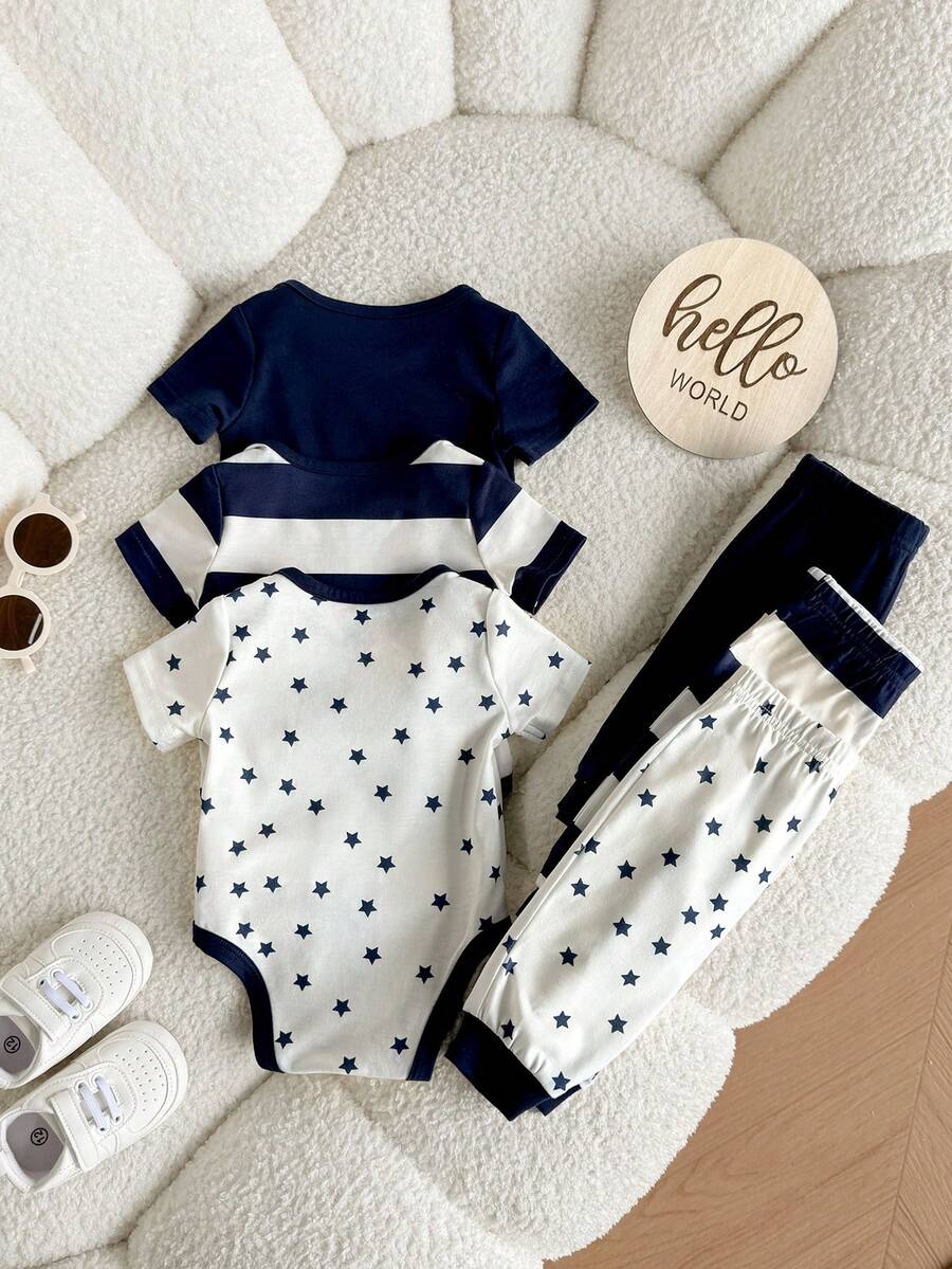 6pcs Baby Romper and Pants Set with Colorblock Stripes and Star Pattern for Spring and Summer